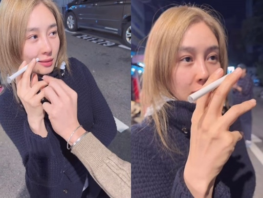 흡연 연기 연습하는 옥주현. 사진ㅣ옥주현 SNS