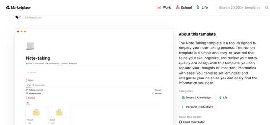 A note-taking template for sale on Notion Marketplace [SCREEN CAPTURE]