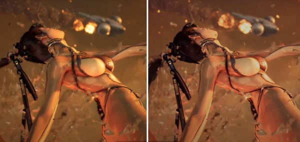 - PS5 일반판(왼쪽)과 PS5 프로의 스텔라 블레이드 화면. 확실하게 개선된&nbsp;명암비, 질감 표현를 확인할 수 있다