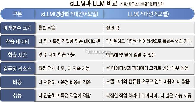 sLLM과 LLM 비교 (자료=한국소프트웨어산업협회)