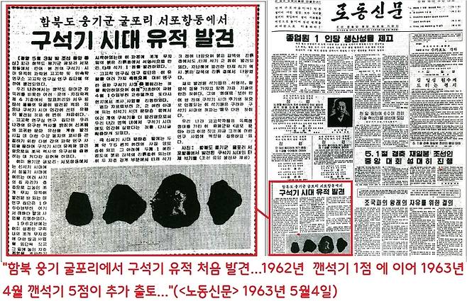 1963년 5월4일자 북한 노동신문은 “‘함북 웅기 굴포리에서 구석기 유적이 발견되었다”고 보도했다. 1935년 동관진에서 출토된 구석기의 진위가 의심되고,  같은 해 요코야마의 경기 파주 문산 채집·구입품이 구석기인줄도 모르고 지나간 상황이었다. 따라서 굴포리는 한반도에서 처음 발견된 구석기 유적이라 할 수 있다.|한창균 전 연세대 교수 제공