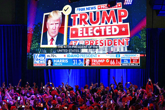 Supporters of Republican presidential candidate and former U.S. President Donald Trump celebrate as Fox News declares him the next winner of the 2024 White House race in West Palm Beach, Florida, on Wednesday. [AFP/YONHAP]