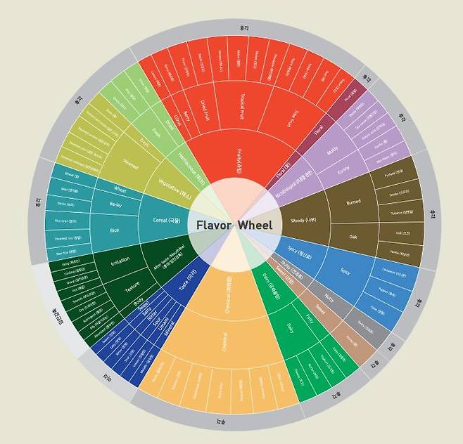 이승주 세종대 교수와 김태완 한국식품연구원 책임연구원은 우리 증류식 소주의 향미용어체계를 정리한 아로마 휠을 만들었다./세종대
