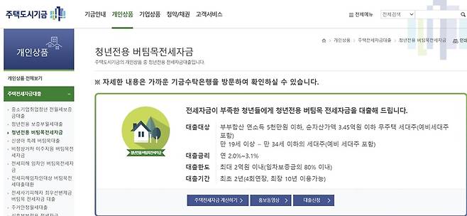 청년전용 버팀목전세자금 안내.(출처=주택도시기금 누리집)