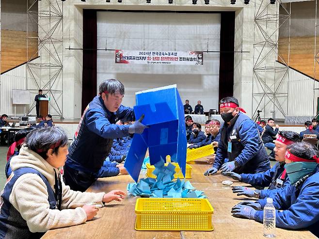 전국금속노동조합 현대중공업지부는 8일 울산 본사 체육관에서 2024년 임금 및 단체협약 잠정합의안에 대한 조합원 찬반투표를 했다. 기표 용지를 확인하고 있는 모습. 현대중공업지부 제공