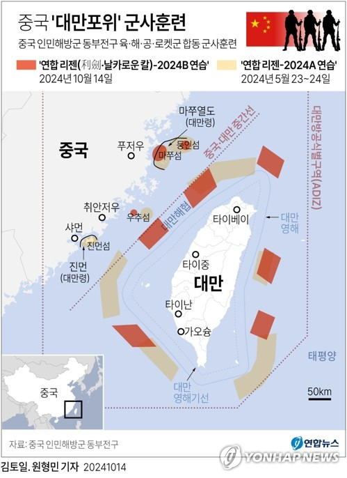 [그래픽] 중국 대만포위 군사훈련 '연합리젠(利劍)-연습' (서울=연합뉴스) 김토일 원형민 기자 = 중국인민해방군 동부전구 리시 대변인은 이날 오전 5시(현지시간) 소셜미디어 공식 계정을 통해 "14일 동부전구는 전구 육군·해군·공군·로켓군 등 병력을 조직해 대만해협과 대만 섬 북부·남부, 섬 동쪽에서 '연합 리젠(利劍·날카로운 칼)-2024B 연습'을 실시한다"고 밝혔다.
    circlemin@yna.co.kr
    페이스북 tuney.kr/LeYN1 X(트위터) @yonhap_graphics