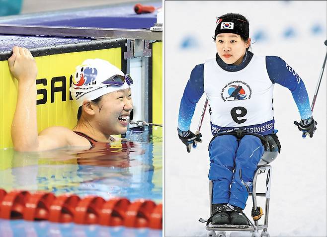 지난달 30일 김윤지가 창원실내수영장에서 열린 제44회 전국장애인체육대회 수영 여자 자유형 100ｍ 경기를 마친 뒤 미소를 짓고 있다(왼쪽). 지난 2월 20일 강원도 평창 알펜시아리조트 바이애슬론경기장에서 열린 전국장애인동계체육대회 크로스컨트리 스키 경기에서 김윤지가 역주하고 있다. /대한장애인체육회