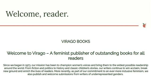 남성 중심의 출판계에 저항하고자 1973년 세워진 영국 비라고 출판사 홈페이지. 홈페이지 첫 화면에서부터 페미니즘이라는 목적을 명시해뒀다. 비라고 출판사 홈페이지 캡처