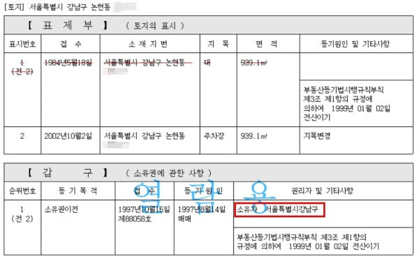 헬스트레이너 양치승이 체육관을 열었던 서울 강남구 논현동 한 건축물의 토지 등기부. 해당 부지는 1997년부터 서울 강남구청이 소유하고 있다. /유튜브