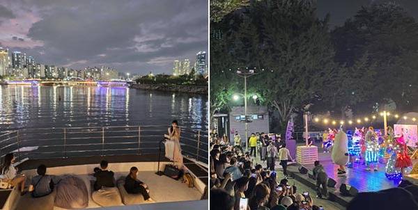 행정 주도 사업에 민간 콘텐츠가 더해지면 부산 야간관광이 더 풍성해질 것으로 보인다. 사진은 요트 위에서 식사와 함께 부산 야경을 즐기는 ‘디너 크루즈 투어’(왼쪽)와 부산 용두산공원에서 열린 ‘부기 서머 나이트 팝업’.  부산시 제공