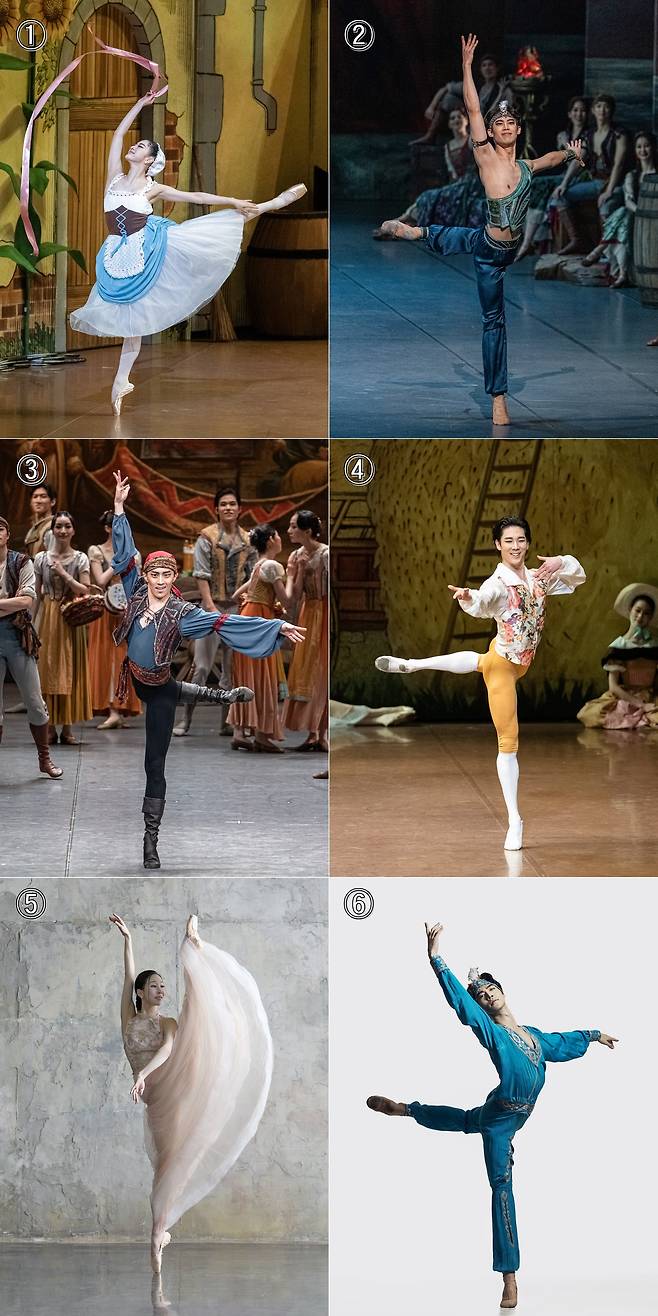 내년 1월 11~12일 서울 세종문화회관 대극장에서 열리는 ‘2025 발레의 별빛, 글로벌 발레스타 초청 공연’에 참여하는 국내 활동 무용수들. 국립발레단 ①박예은, ②김기완, ③김명규 ④하지석, 유니버설발레단 ⑤홍향기, ⑥이현준. /국립발레단·유니버설발레단
