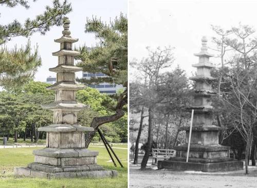 창경궁 오층석탑 '창경궁 내 석조물 역사성 고증 연구용역 보고서'에 실린 사진. 왼쪽은 현재 모습, 오른쪽은 일제강점기 당시 모습으로 국립고궁박물관이 소장한 유리건판 자료 [국가유산청 제공. 재판매 및 DB 금지]