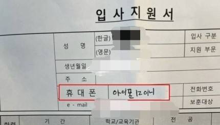 이력서 '휴대폰' 란에 기종을 적은 이력서 [사진=온라인 커뮤니티]