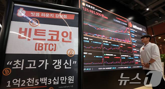 비트코인이 사상 최초로 9만달러(1억 2670만원)을 돌파한 13일 서울 서초구 빗썸라운지 시황판에 비트코인을 비롯한 암호화폐 시세가 표시되고 있다. 최근 비트코인은 트럼프 미 공화당 대선 후보가 미 대통령으로의 당선이 확실시된 지난 6일을 기점으로 상승폭을 늘리며 최근 7일간 35%가량의 상승률을 기록했다. 2024.11.13/뉴스1 ⓒ News1 김성진 기자