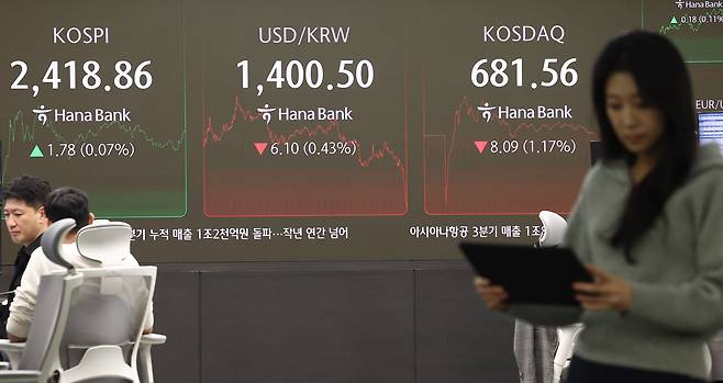 11월 14일 오후 서울 명동 하나은행 딜링룸에서 딜러들이 업무를 보고 있다. / 연합뉴스