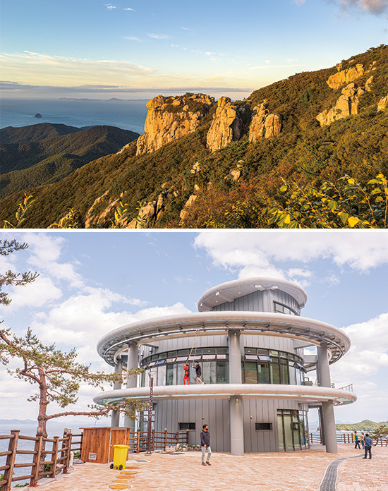 (위)아침빛으로 물드는 금산 (아래)요즘 가장 떠오르는 여행지인 남해보물섬전망대