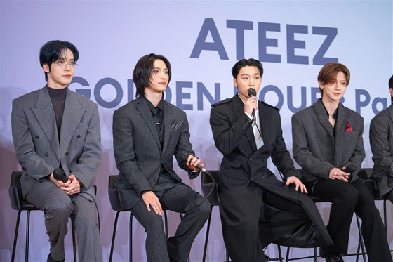 San of boy band Ateez speaks during a press conference for its upcoming 11th EP ″Golden Hour: Part. 2″ held in southern Seoul on Thursday. [DANIELA GONZALEZ PEREZ]