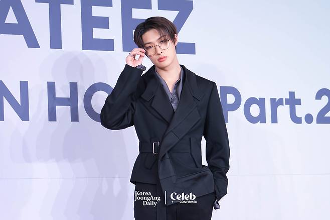 Mingi of Ateez at the press conference for the release of their latest EP, GOLDEN HOUR : Part.2.,″ in southern Seoul on Thursday. [DANIELA GONZALEZ PEREZ]