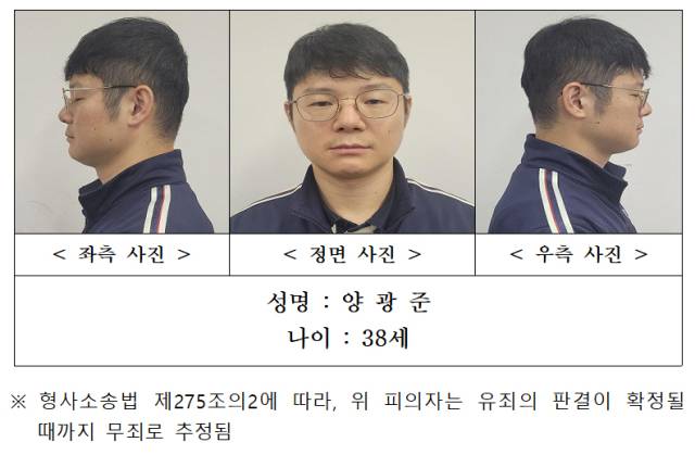 함께 근무하던 여성 군무원을 살해한 뒤 시신을 훼손하고 화천군 북한강에 유기한 혐의를 받는 현역 군 장교 양광준(38)의 머그샷. 사진 제공=강원경찰청