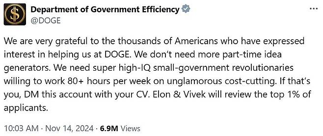 머스크가 이끄는 정부효율부의 엑스 계정에 게시된 구인 공고 [X @DOGE 게시물 캡처. 재판매 및 DB 금지]