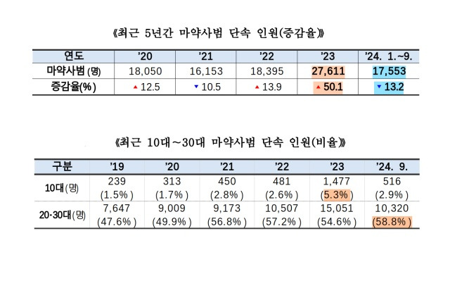 17일 법무부가 공개한 마약범죄 단속 현황에 따르면 올해 9월 기준 마약사범 1만7553명 중 10~30대가 1만836명(61.8%)으로 집계됐다. 이중 20~30대가 1만320명(58.8%)이고, 10대는 516명(2.9%)이다. /법무부 제공