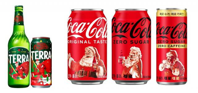 하이트진로 테라 크리스마스 에디션과 코카콜라 크리스마스 패키지. (제공=각 사)