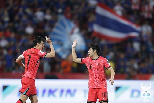 손흥민(왼쪽)과 이강인.   대한축구협회 제공