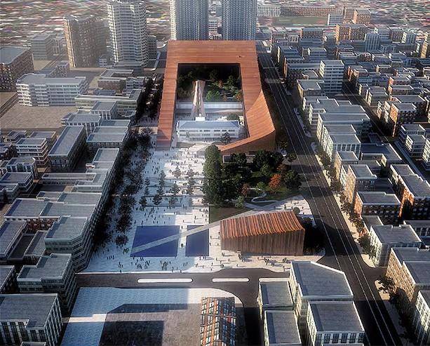 청주시청사 국제설계공모 당선작의 조감도. 신청사가 옛 청사를 디귿(ㄷ) 자로 감싸는 구성으로 설계됐다. 청주시 제공