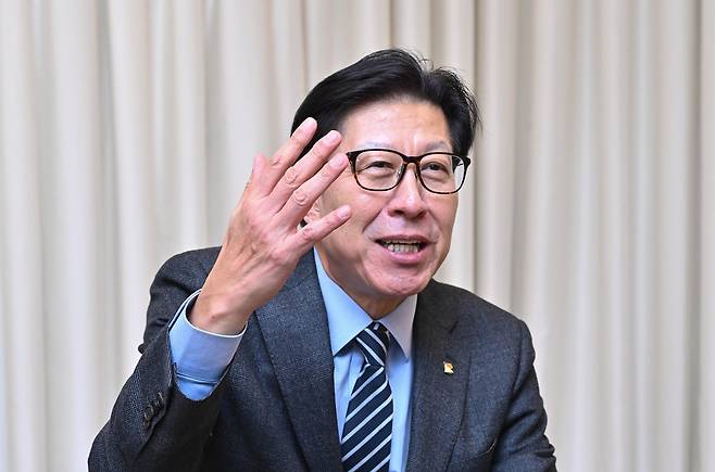 Busan Mayor Park Heong-joon speaks with The Korea Herald on the sidelines of the Korea-Mongolia Future Strategy Forum held in Busan on Friday. (Im Se-jun/The Korea Herald)