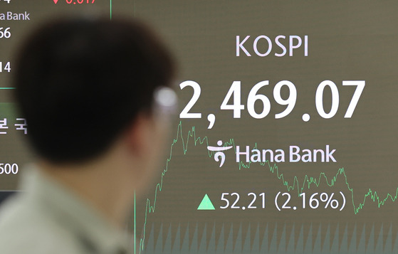 A screen in Hana Bank's trading room in central Seoul shows the Kospi closing at 2,469.07 points on Monday, up 2.16 percent, or 52.21 points, from the previous trading session. [YONHAP]