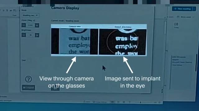 사이언스 사의 BCI 기술. 왼쪽 화면에는 카메라가 인식한 글자와 오른쪽 화면에는 왼쪽 화면을 전극신호를 전달하는 화면. 사이언스사 유튜브 갈무리