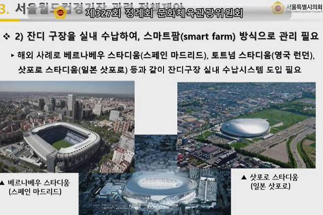 Seoul City Councilman Kim Ki-deok proposed the introduction of an indoor storage system for grass stadiums.