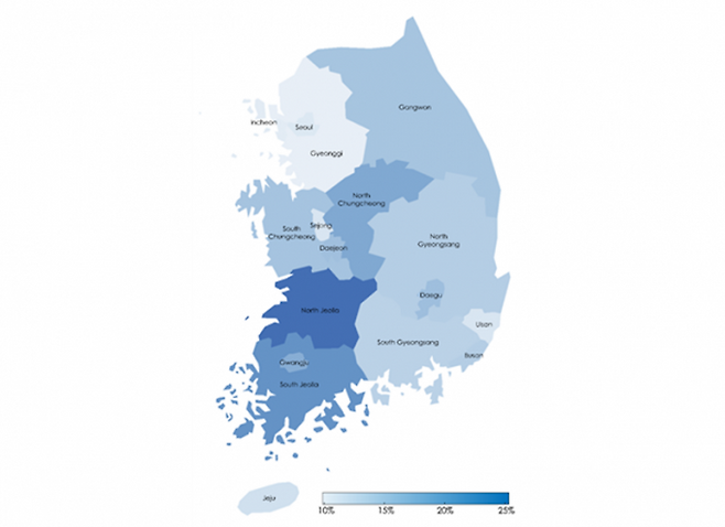 지역별 어지럼증 발생 비율. 연한 하늘색은 발생 비율이 낮고 짙은 파란색은 높다는 의미. 서울, 경기, 인천, 부산 등 대도시 지역은 낮고 지방은 높다. 분당서울대병원 제공.