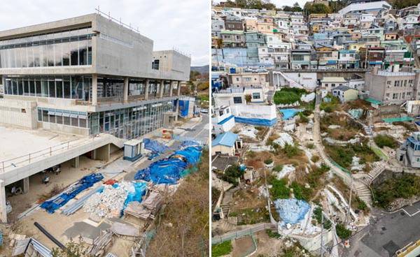 신태양건설 부도로 부산지역 일부 관급공사가 차질을 빚는다. 왼쪽 사진은 신태양건설이 시공을 맡았다가 공사가 중단된 서구도서관 건설현장, 오른쪽은 서구 망양로 연결회전식 도로 건설현장.  이원준 기자 windstorm@kookje.co.kr