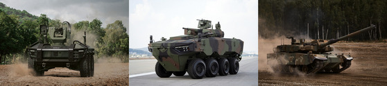 From left to right: Hyundai Rotem’s unmanned military vehicle the HR-SHERPA, the 30-Ton wheeled armored vehicle, and the K2 tank. [HYUNDAI ROTEM]