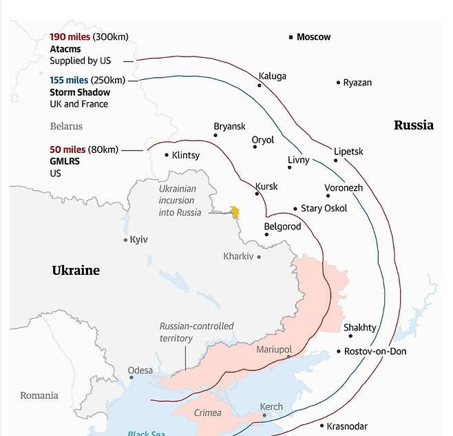 에이태큼스와 스톰섀도우 미사일의 사거리 범위.(출처: 가디언) 2024.11.19.  *재판매 및 DB 금지