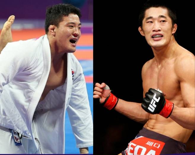 항저우 아시안게임 주짓수 남자 77㎏에서 금메달을 목에 건 구본철(사진 왼쪽)과 대한민국 UFC 1호 파이터인 김동현. UFC 및 연합뉴스 제공