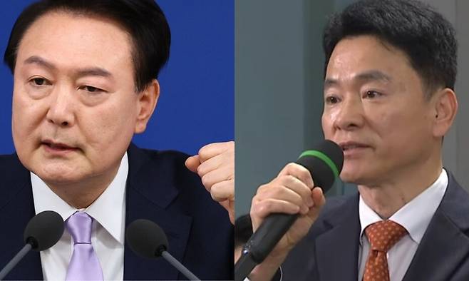 7일 오전 서울 용산 대통령실 청사 브리핑실에서 열린 대국민담화 및 기자회견에서 취재진의 질문에 답하고 있는 윤석열 대통령(왼쪽)과 박석호 부산일보 기자. 대통령실사진기자단, 유튜브 갈무리