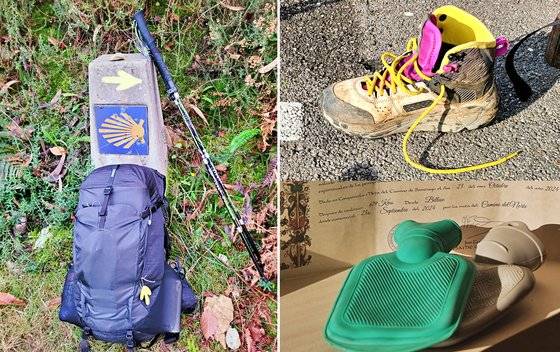 (왼쪽 위부터 시계 방향으로) 1 순례길처럼 긴 걷기여행에는 가볍고 등이 편한 배낭 최고다. 2·3 견고하고 발의 피로가 적어 해외 순례자들의 부러움을 샀던 'K-등산화'와 보온 물 주머니.