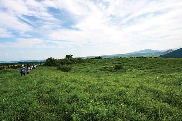 여름날의 가메오름 굼부리 능선. 여행자들이 굼부리를 한 바퀴 돌고 있다.