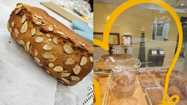 경기도 포천에서 베이커리 카페를 운영하는 송지혜(40) 씨가 한 손님을 위해 만든 '밤 식빵'. 한 손님은 암 투병 중인 자신의 아내를 위해 밤 식빵을 만들어 달라고 송씨에게 부탁했다. 오른쪽은 송씨 카페의 내부 모습. 국민일보 (송씨 제공) 캡처