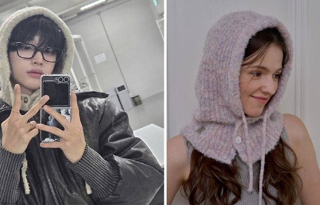 보이그룹 라이즈의 원빈(왼쪽)이 라주의 ‘스너그 부클레 바라클라바’를 착용하고 사진을 찍고 있다. 오른쪽은 원빈이 착용한 동일 제품을 착용한 브랜드 모델. (사진=라이즈 공식 인스타그램·라주)