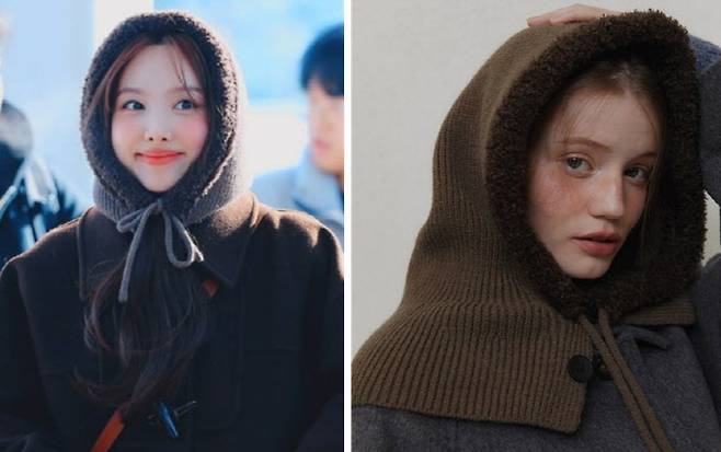 지난해 말 걸그룹 트와이스의 나연(왼쪽)이 타티아나의 ‘퍼 트리밍 후디 바라클라바’를 착용하고 인천국제공항에서 출국하고 있다. (사진=사회관계망서비스·타티아나)