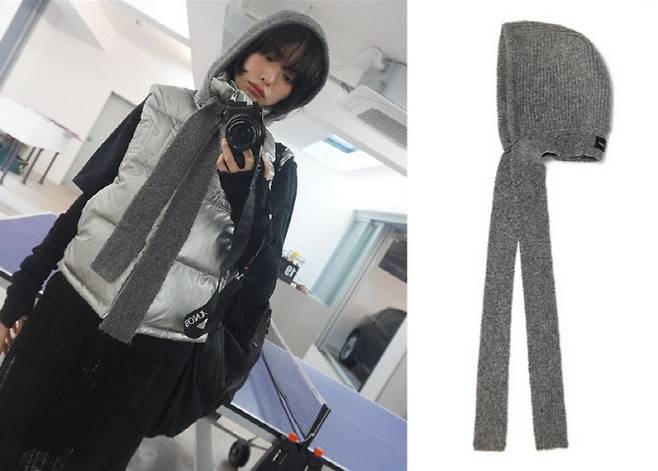 배우 겸 가수 나나가 마뗑킴의 ‘니트 스트랩 바라클라바’를 착용하고 셀카를 찍고 있다. (사진=나나 인스타그램·마뗑킴)