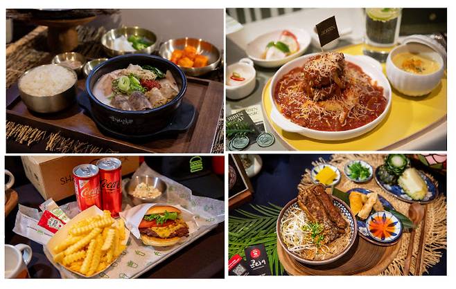 사내식당 차별화 프로젝트 ‘아워홈 플렉스 테이블’. 왼쪽부터 ‘순대실록’, ‘닥터로빈’, ‘쉑쉑버거’, ‘콘타이’ (사진=아워홈)