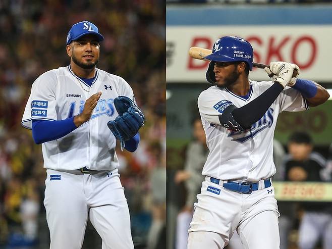 삼성 데니 레예스(왼쪽)와 르윈 디아즈.   삼성 라이온즈 제공