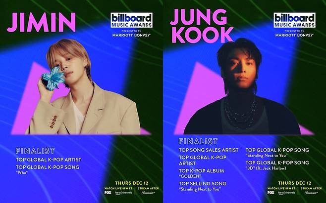 방탄소년단 지민(왼쪽), 정국. ‘2024 BBMAs’ 제공