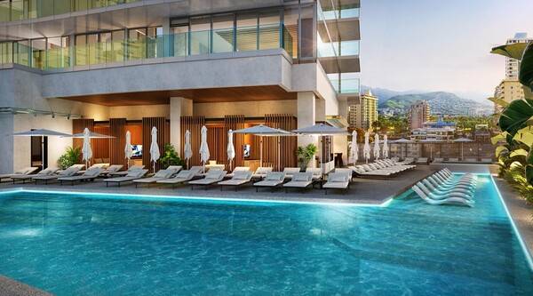 하와이 와이키키에 카 하쿠, 힐튼 클럽이 신규 오픈하고 판매를 시작했다. 사진은 스타일리시한 야외 풀 / 카 하쿠, 힐튼 클럽