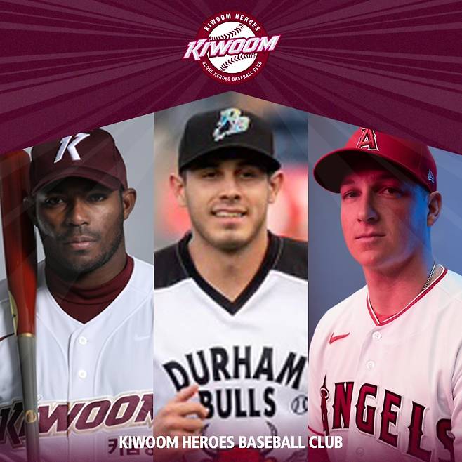 왼쪽부터 2025시즌 키움 히어로즈와 함께할 외국인 선수 야시엘 푸이그, 루벤 카디네스, 케니 로젠버그. 올해 삼성 라이온즈에 몸담았다가 부상 및 태업 논란으로 교체된 카디네스는 2025년 키움에서 뛸 예정이다. 키움 히어로즈