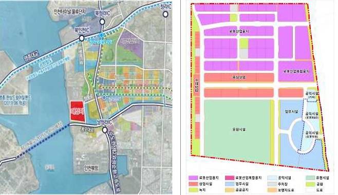 인천로봇랜드 위치도(왼쪽) 및 토지이용계획 [인천도시공사 제공. 재판매 및 DB 금지]